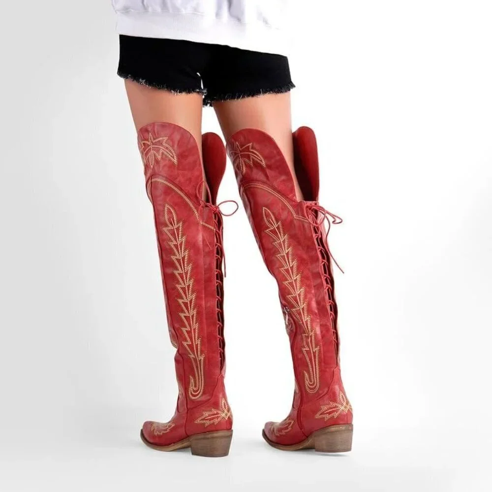 Women Red Synthetic Cowgirl Thigh High Wide Calf Embroidered Western Boots